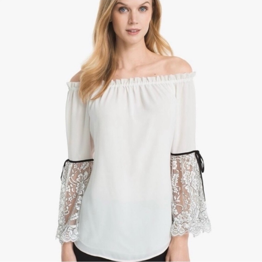 WHBM Off The Shoulder Floral Lace Bell Sleeve Blouse Sz M Fairycore Boho Hippie